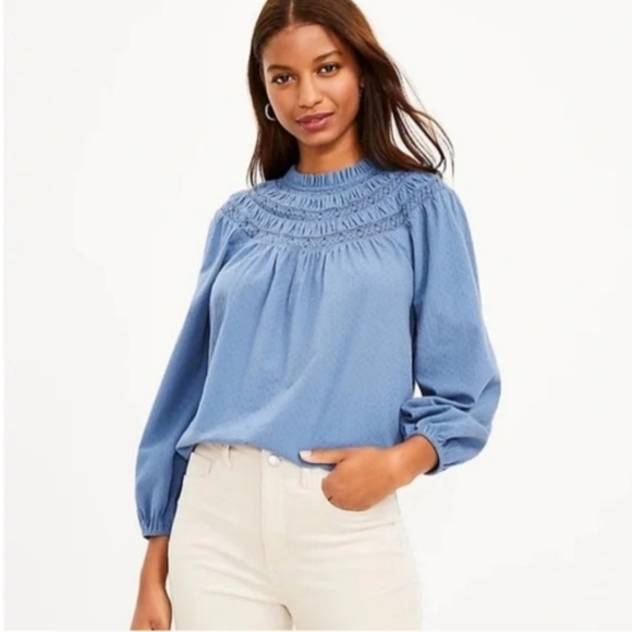 NWOT Loft Eyelet Yoke Blue Blouse Small - Picture 1 of 3